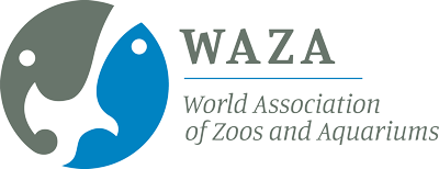 text reading World Association of Zoos and Aquariums next to a gray and blue Earth-shaped logo